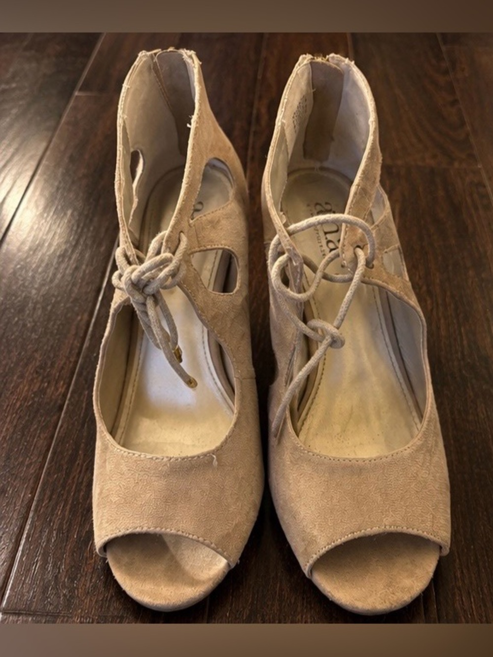 a.n.a. Chance Taupe Suede Lace-Up Peep Toe Heels Women’s 7.5
